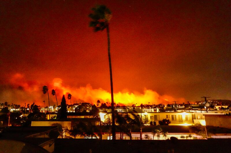 Wildfires burn across a hillside in Palisades, California in early January.