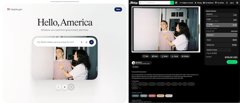 Side by side comparison of a screenshot from America.gov and the Stocksy stock image site where the photograph was found