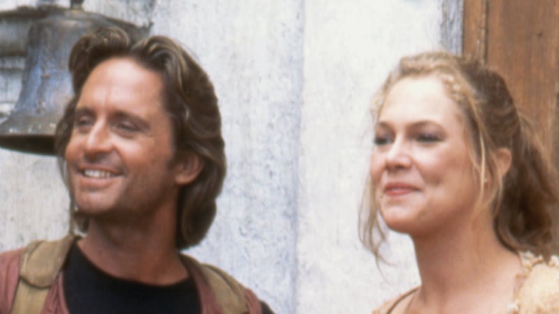 Michael Douglas and Kathleen Turner have a laugh on the set of "Romancing the Stone."