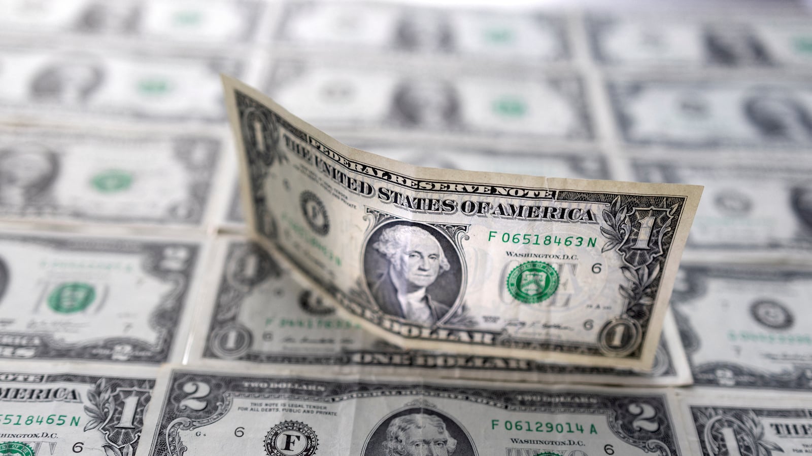 U.S. dollar banknotes are displayed in this illustration taken, February 14, 2022.