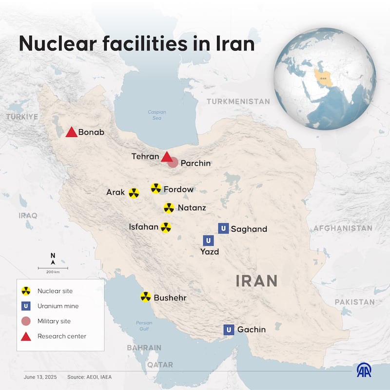 ISTANBUL, TURKIYE - JUNE 13: An infographic titled "Nuclear facilities in Iran" created in Istanbul, Turkiye on June 13, 2025. (Photo by Ufuk Celal Guzel/Anadolu via Getty Images)