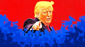 A photo illustration of Donald Trump pointing at crowds of journalists and reporters.