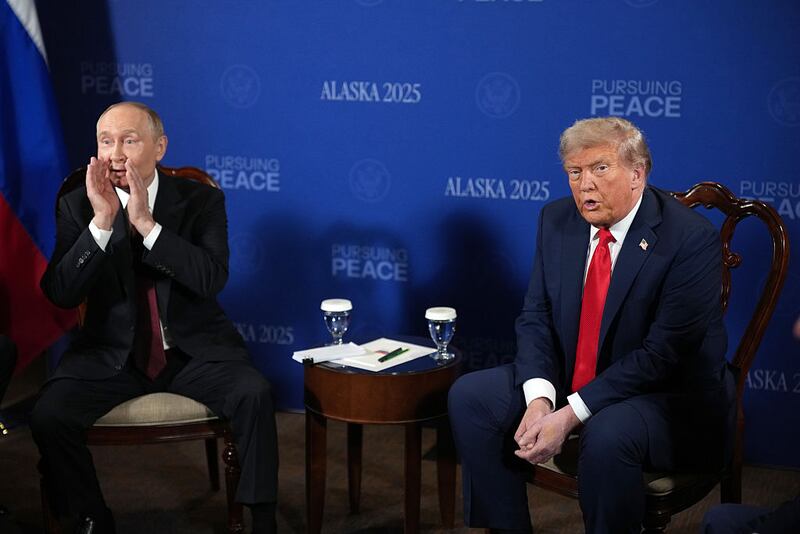 President Donald Trump (R) and Russian President Vladimir Putin (L) hold a meeting at Joint Base Elmendorf-Richardson on August 15, 2025 in Anchorage, Alaska. The two leaders are meeting for peace talks aimed at ending the war in Ukraine.