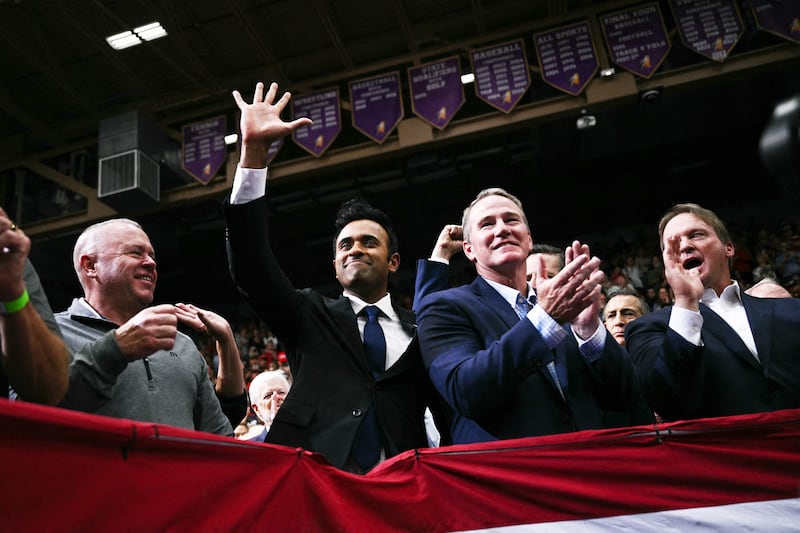Candidate for Governor of Ohio Vivek Ramaswamy waves to supporters before US President Donald Trump speaks during a campaign rally in Vandalia, Ohio, on October 3, 2026.