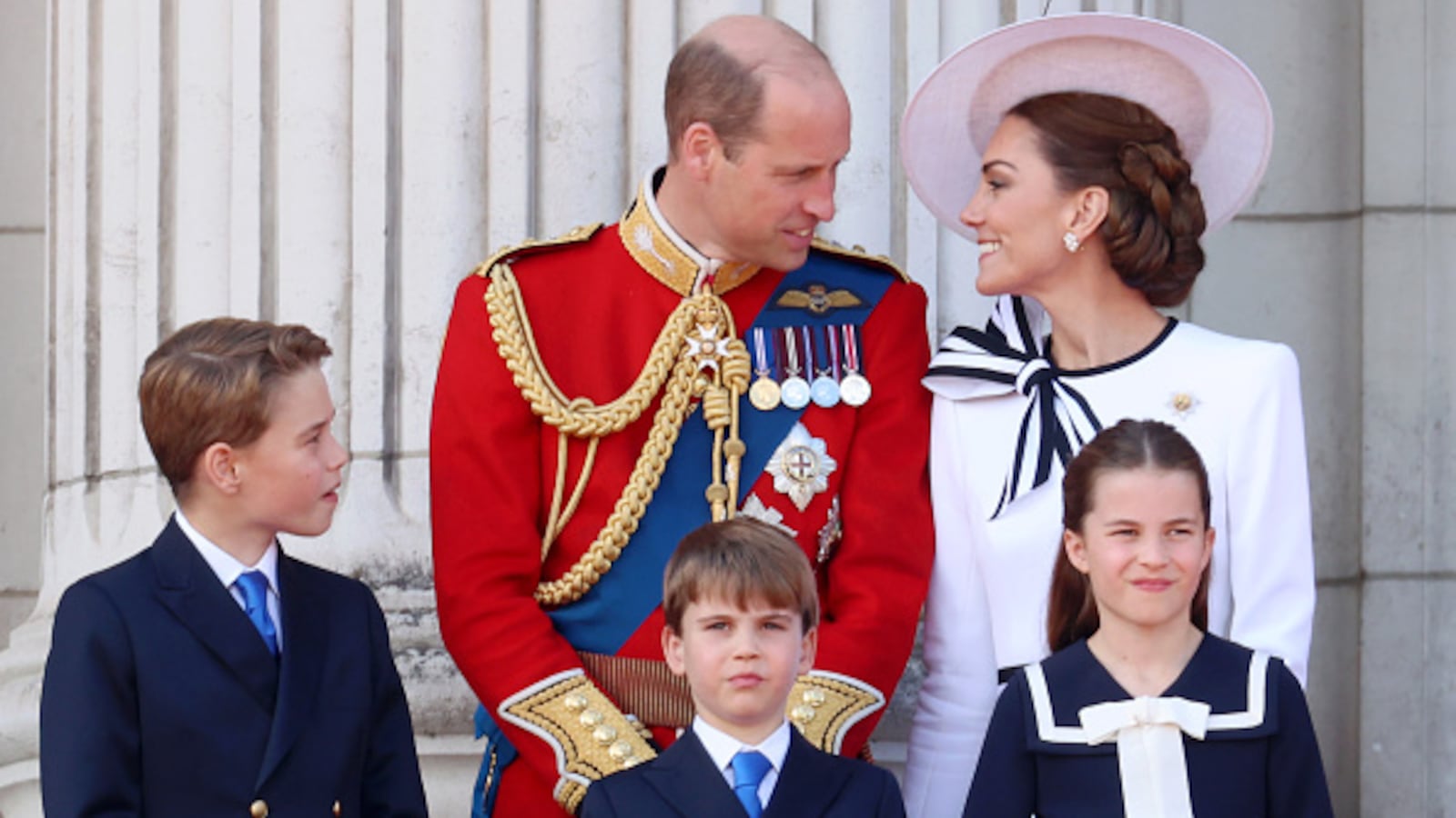 Prince George, Prince William, Prince Louis, Princess Charlotte, and Kate Middleton during Trooping the Colour at Buckingham Palace on June 15, 2024 in London, England.