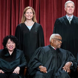 Bottom row, from left, Associate Justice Sonia Sotomayor, Associate Justice Clarence Thomas, Chief Justice of the United States John Roberts, Associate Justice Samuel Alito. Top row, from left, Associate Justice Amy Coney Barrett, Associate Justice Neil Gorsuch, and Associate Justice Brett Kavanaugh.
