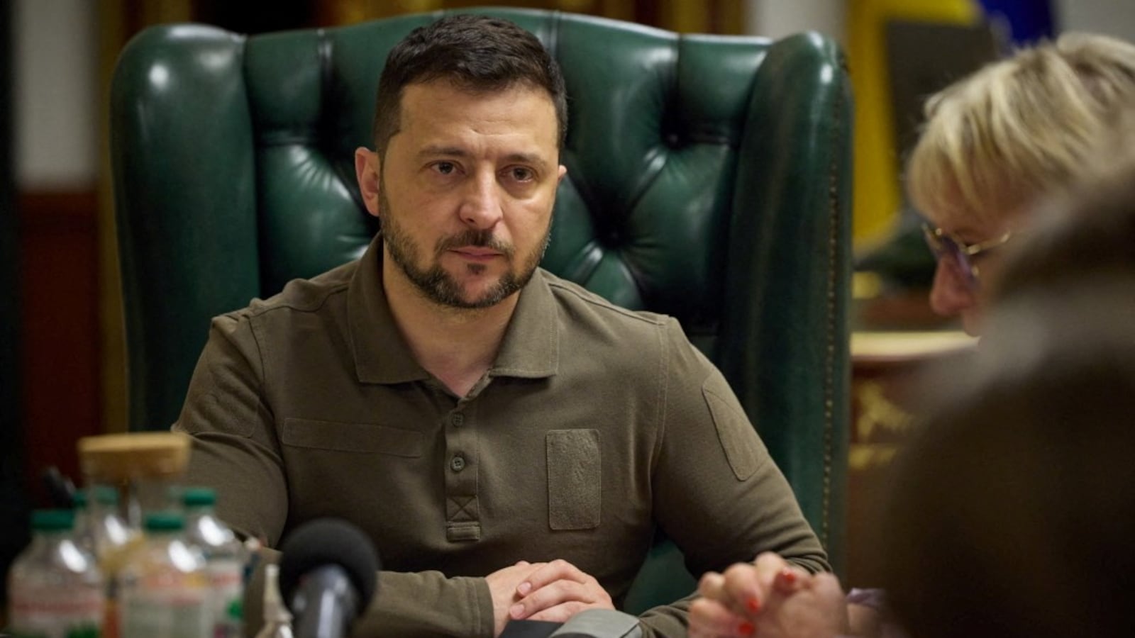 Ukraine's President Volodymyr Zelenskyi attends a meeting with members of the International Working Group on the Environmental Consequences of War.