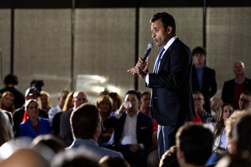 CINCINNATI - MAY, 1: Republican Vivek Ramaswamy speaks during the town hall at the American Legion Anderson Post 318 ahead of the GOP primary election in Ohio. (Photo by Arden S. Barnes/For The Washington Post via Getty Images)