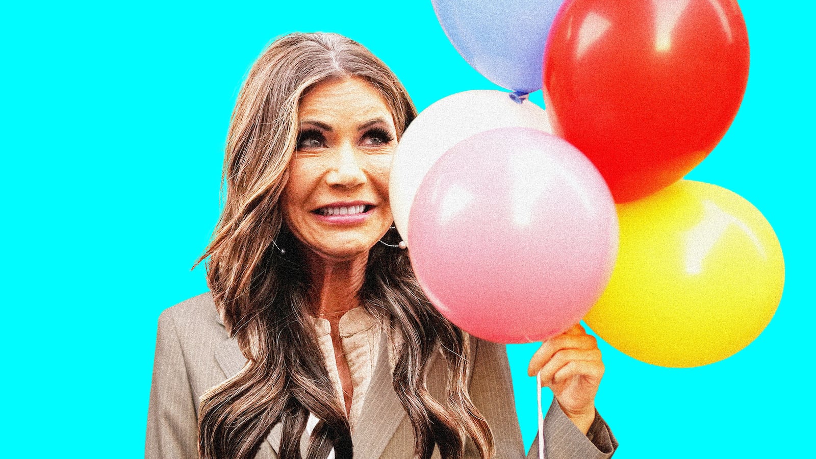 Kristi Noem making an awkward face holding balloons