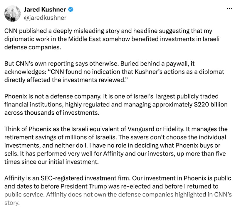 Kushner took aim at CNN's reporting.