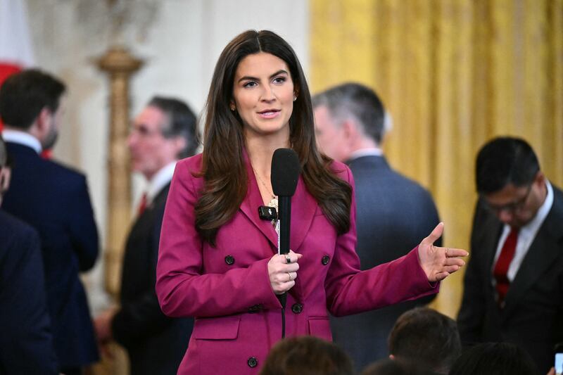 CNN broadcast journalist Kaitlan Collins speaks during a live shot before US President Donald Trump and Japanese Prime Minister Shigeru Ishiba hold a joint press conference in the East Room of the White House in Washington, DC, on February 7, 2025. (Photo by Mandel NGAN / AFP) (Photo by MANDEL NGAN/AFP via Getty Images)