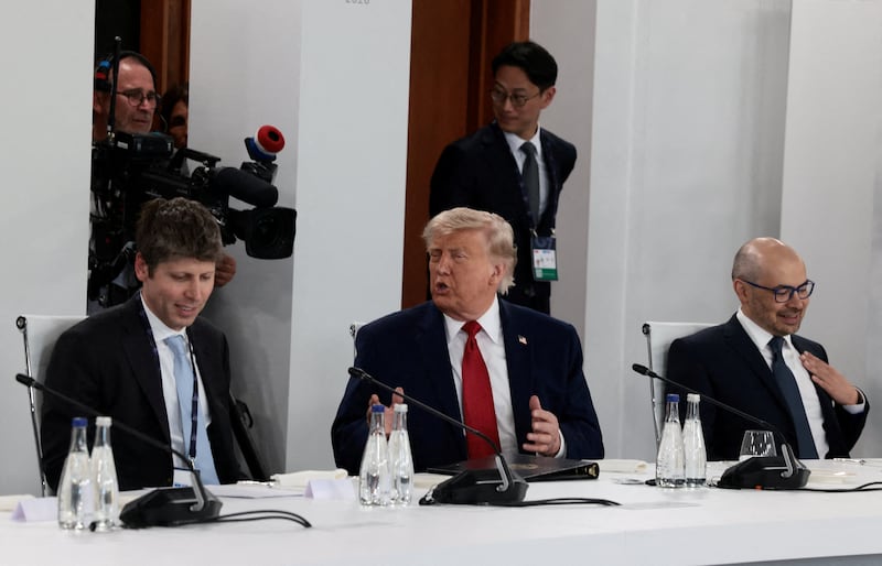 U.S. President Donald Trump, OpenAI CEO Sam Altman and Google DeepMind CEO Demis Hassabis attend a working lunch with G7 leaders, G7 outreach partners and global tech CEOs on innovation and AI during the G7 Summit in Evian-les-Bains, France, June 17, 2026.REUTERS/Evelyn Hockstein REFILE - ADDING INFORMATION