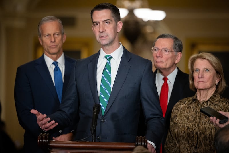 Senator Tom Cotton speaks at a press conference in Washington, DC on March 17, 2026.