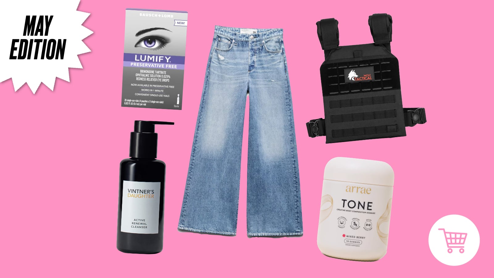 A collage of different products. There is a pair of jeans in the middle. Going clockwise, there is a black weighted vest, a beige container of creatine gummies, a bottle of a facial cleanser, and a grey box of eye drops.