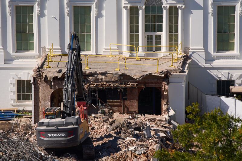 Work continues on the demolition of a part of the East Wing of the White House, Thursday, Oct. 23, 2025.