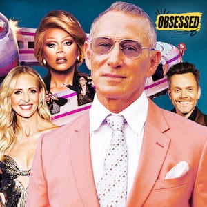 A photo illustration of Sarah Michelle Gellar, RuPaul, and Joel McHale for the Obsessed Podcast.