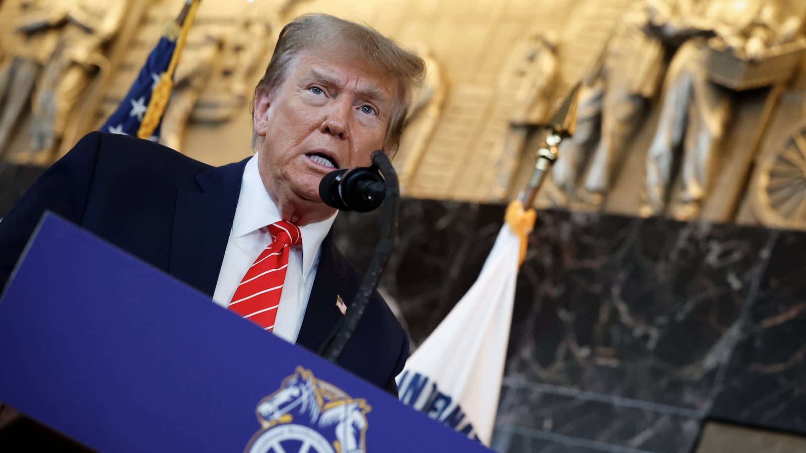 Former President Donald Trump delivers remarks after meeting with leaders of the International Brotherhood of Teamsters