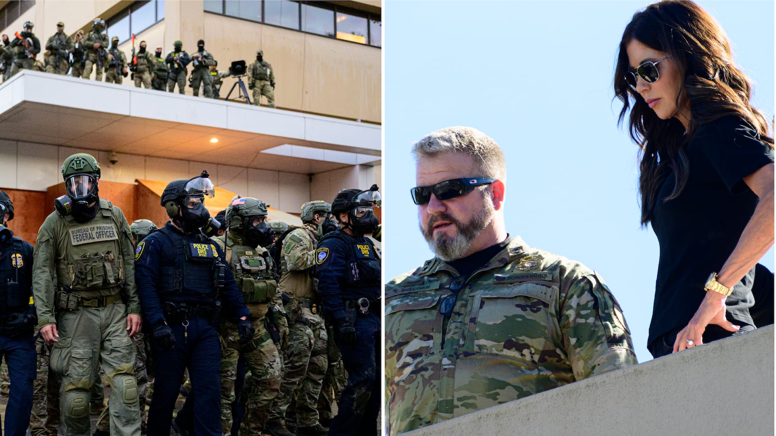 Kristi Noem looks down at federal agents and protesters