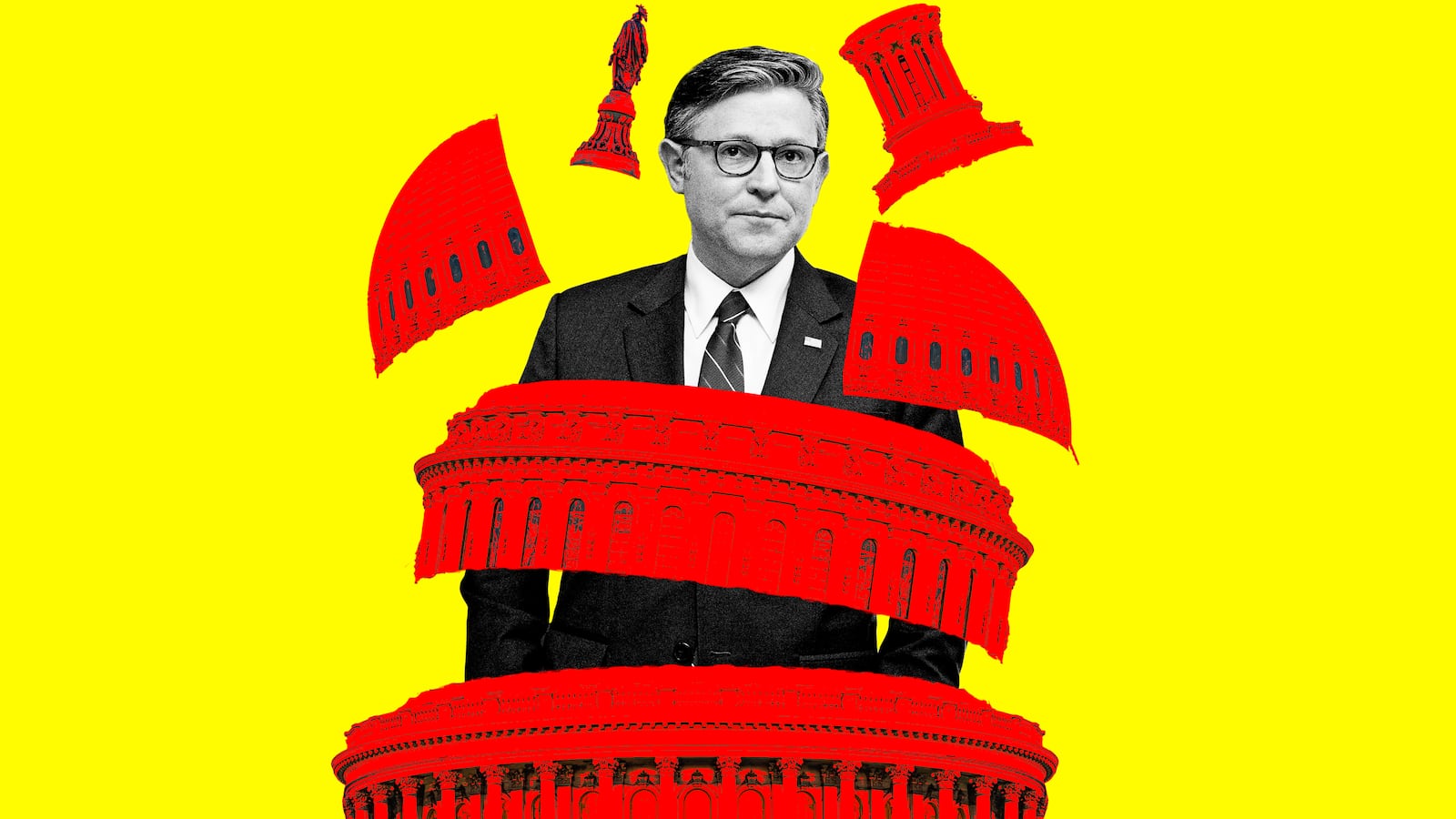 A photo illustration of House Speaker Mike Johnson and the Capitol Dome in pieces.