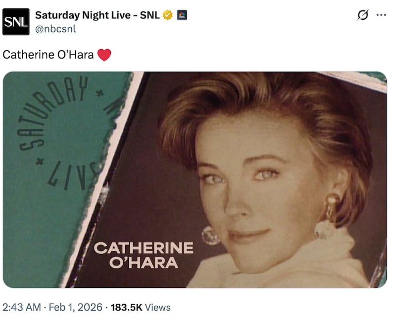 A screenshot of an X post from Saturday Night Live honoring Catherine O'Hara.