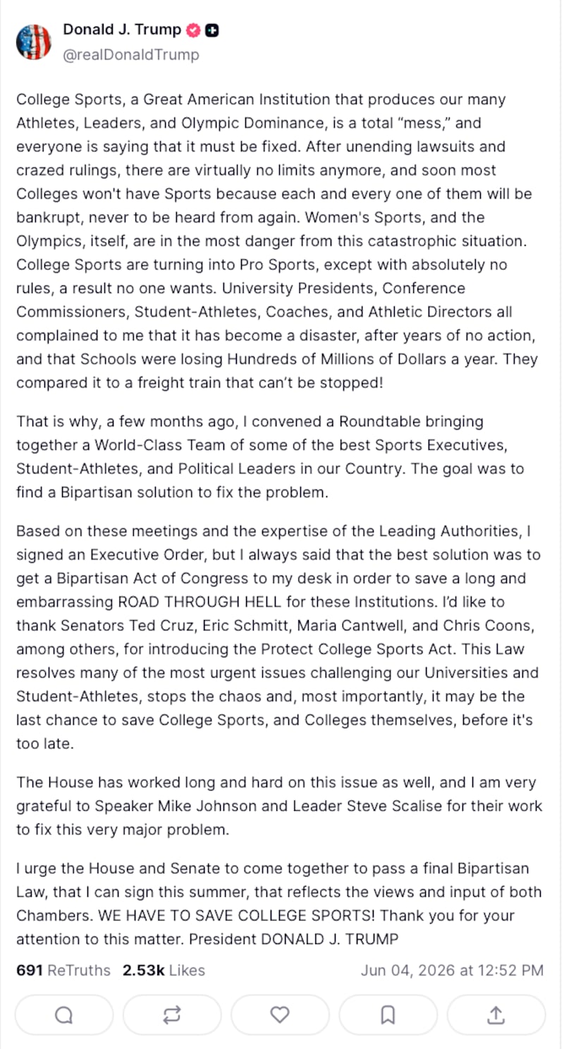 Trump urged passage of the Protect College Sports Act.
