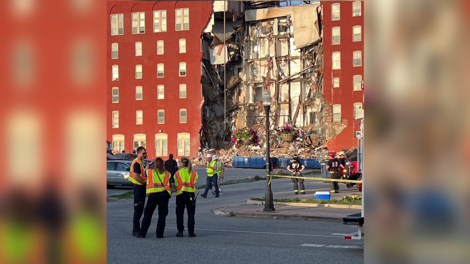 A partially-collapsed apartment building in downtown Davenport, Iowa.