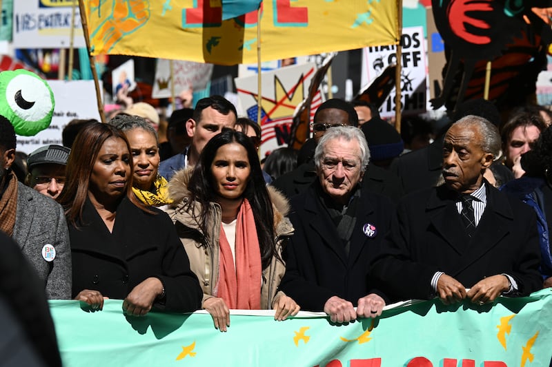 Actor Robert De Niro with New York Attorney General Letitia James, Padma Lakshmi and Rev. Al Sharpton at the "No Kings" March on March 28, 2026 in New York City.