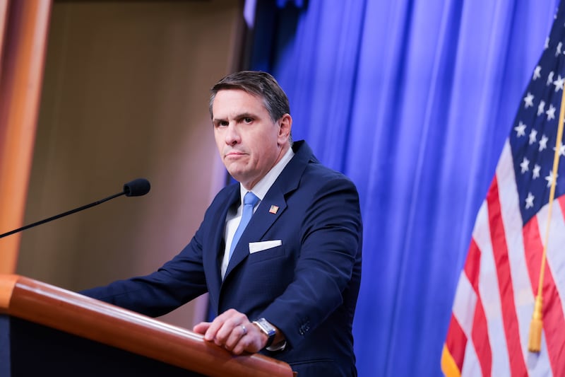 Todd Blanche's other appearances behind a microphone have included a cosy chat with, of all people, Ghislaine Maxwell's defense attorney. (Anna Moneymaker/Getty Images)