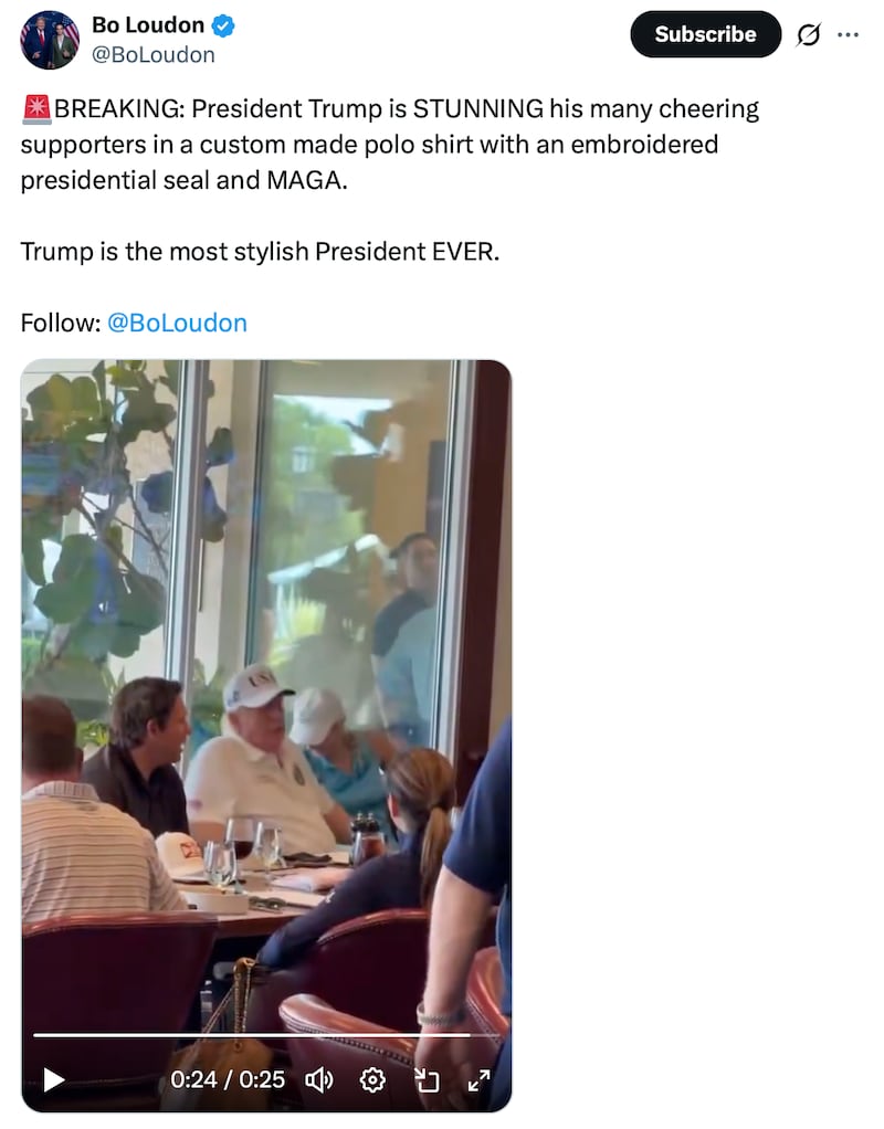 MAGA influencer Bo Loudon shares footage of Trump's fashion.