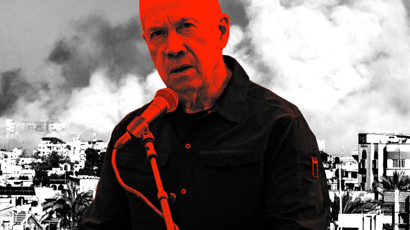 A photo illustration of Israeli Defense Minister Yoav Gallant in front of Gaza.