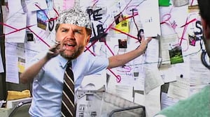 JD Vance's head with a tinfoil hat on top on the body of Charlie Day as a conspiracy theorist in an episode of It's Always Sunny in Philadelphia