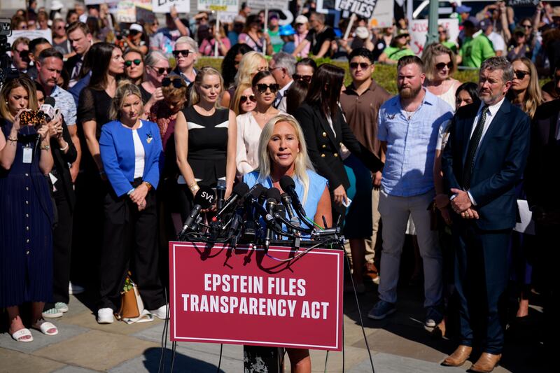 Rep. Marjorie Taylor Greene (R-GA) speaks at a news conference with alleged victims of disgraced financier and sex trafficker Jeffrey Epstein outside the U.S. Capitol on September 03, 2025 in Washington, DC. Rep. Thomas Massie (R-KY) and Rep. Ro Khanna (D-CA) have introduced the Epstein List Transparency Act to force the federal government to release all unclassified records from the cases of Epstein and his associate, Ghislaine Maxwell.