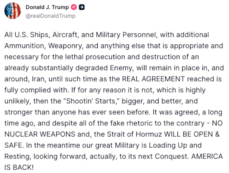 Donald Trump Truth Social post about Iran