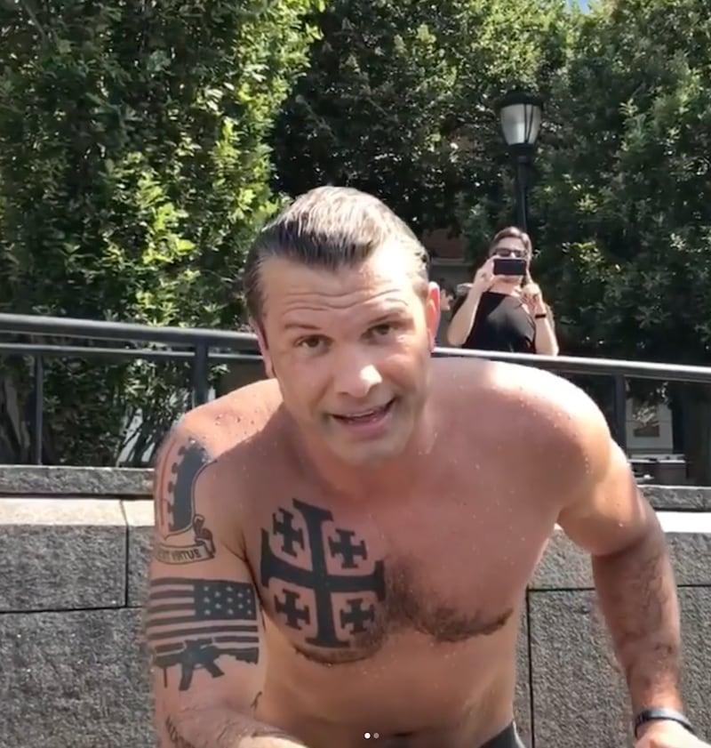 The Jerusalem Cross displayed prominently across Hegseth's chest. Pete Hegseth/Instagram.