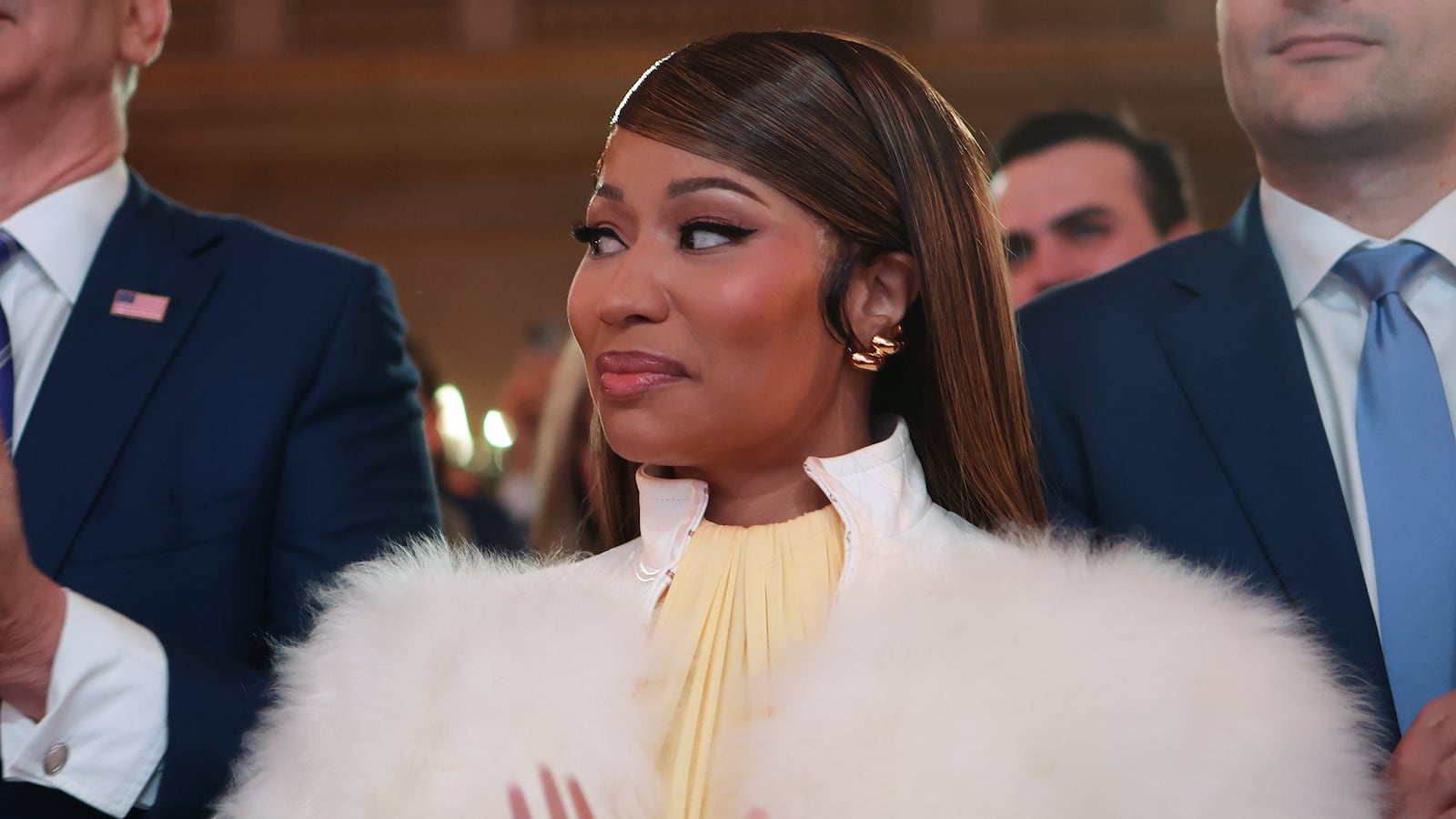 Musician Nicki Minaj attends the Treasury Department's Trump Accounts Summit with U.S. Treasury Secretary Scott Bessent (L) at the Andrew W. Mellon Auditorium on January 28, 2026.
