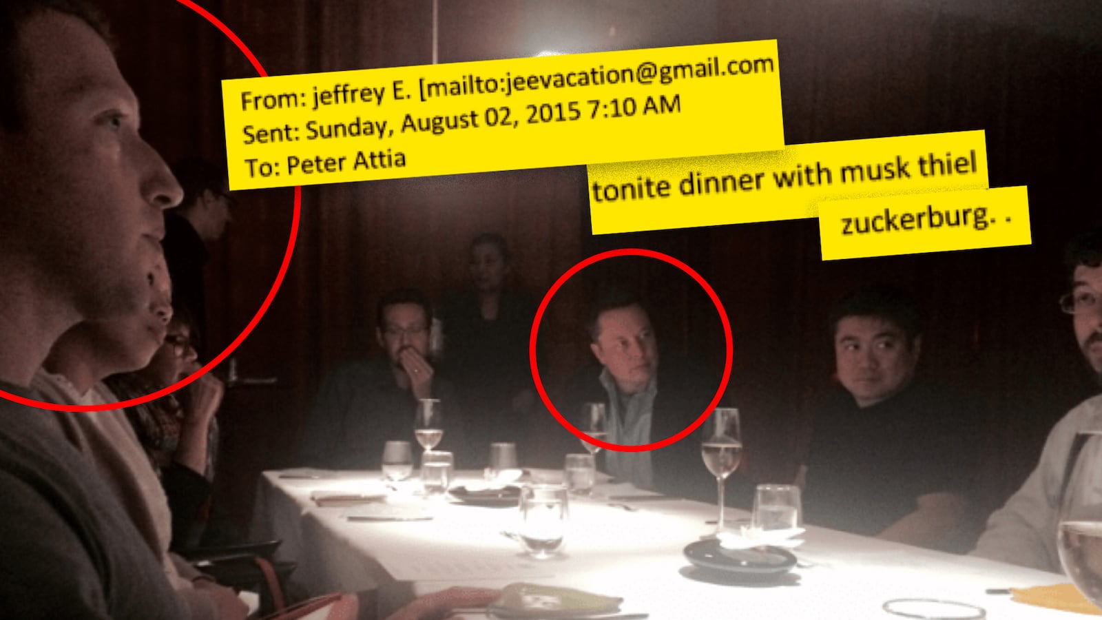 Image of Mark Zuckerberg and Elon Musk at dinner with Jeffrey Epstein.