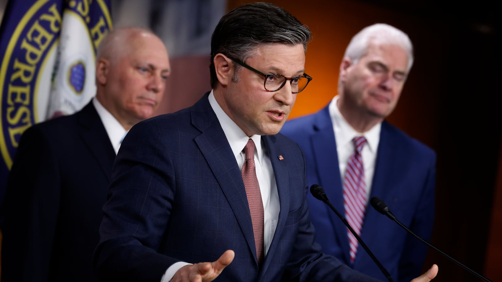 Speaker of the House Mike Johnson (R-LA) (C) speaks