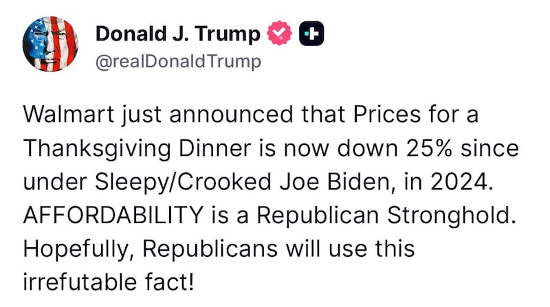 Trump's Truth Social post on Walmart Thanksgiving