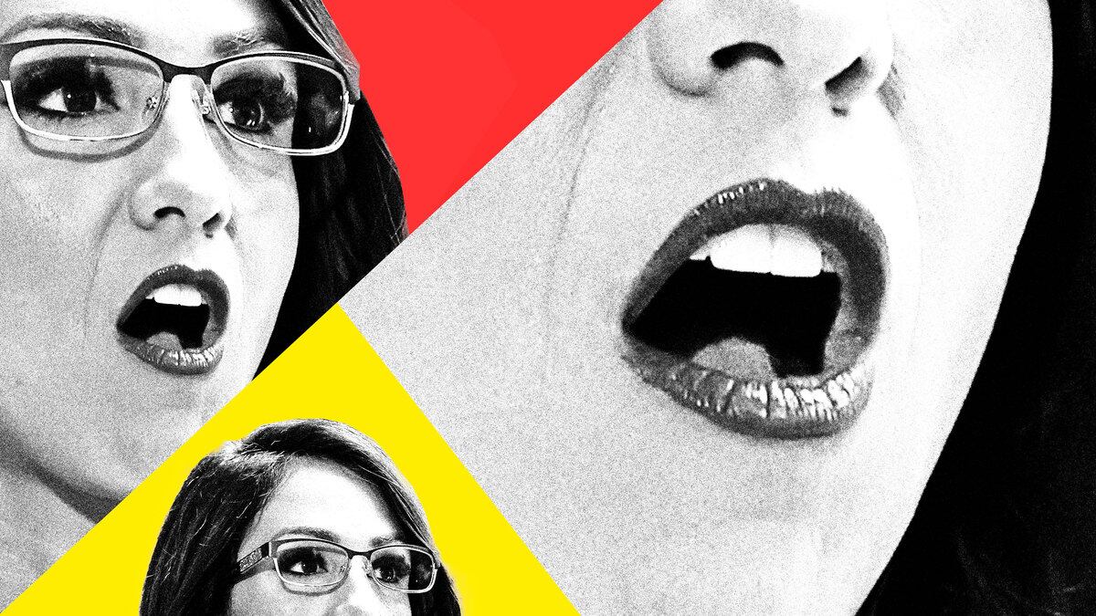 A photo illustration shows Lauren Boebart segmented in three separate colored triangles