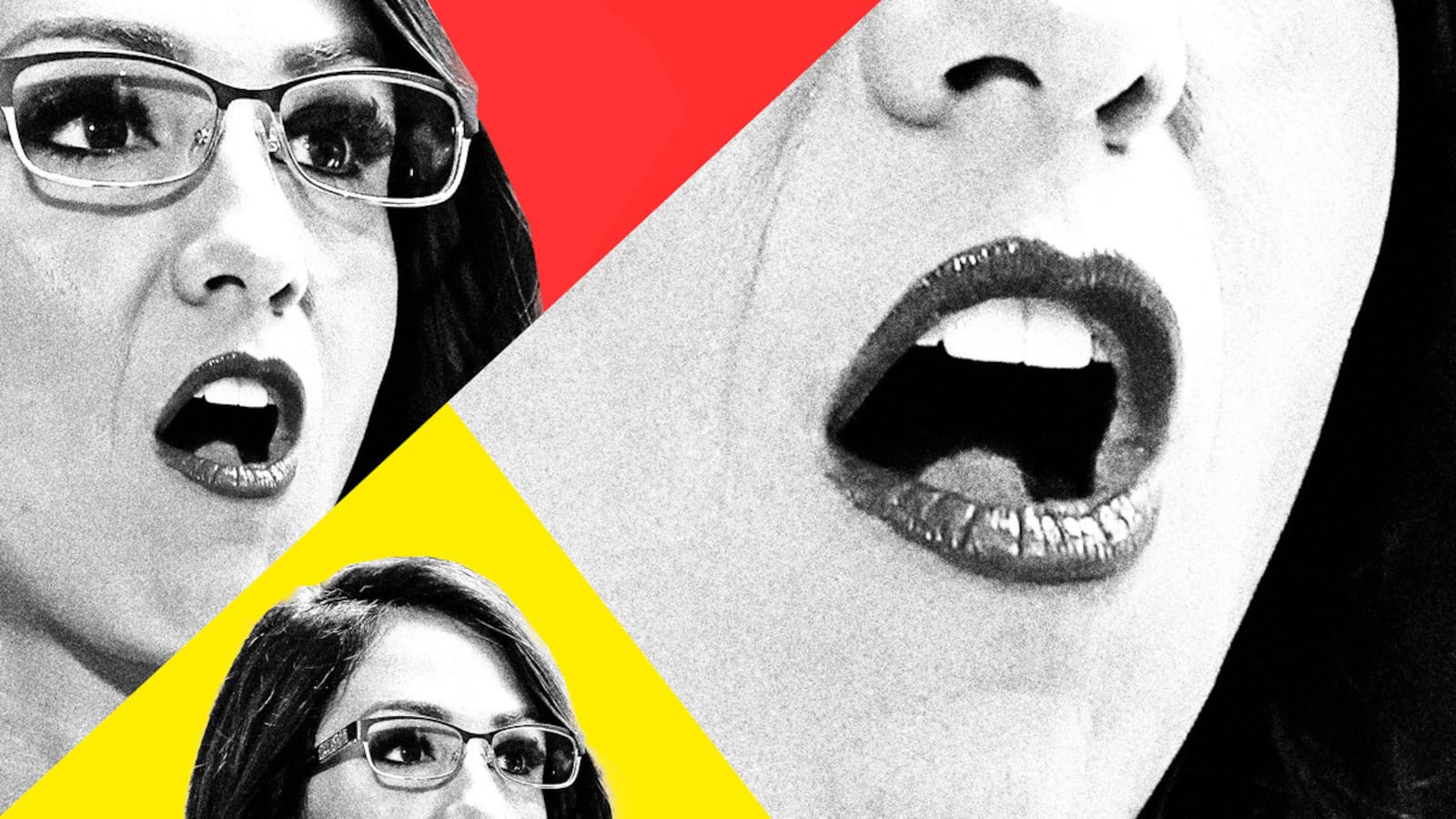 A photo illustration shows Lauren Boebart segmented in three separate colored triangles