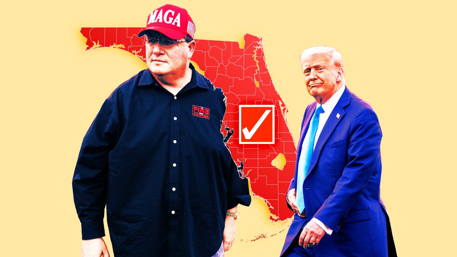 A photo illustration of Randy Fine and Donald Trump and a map of Florida.