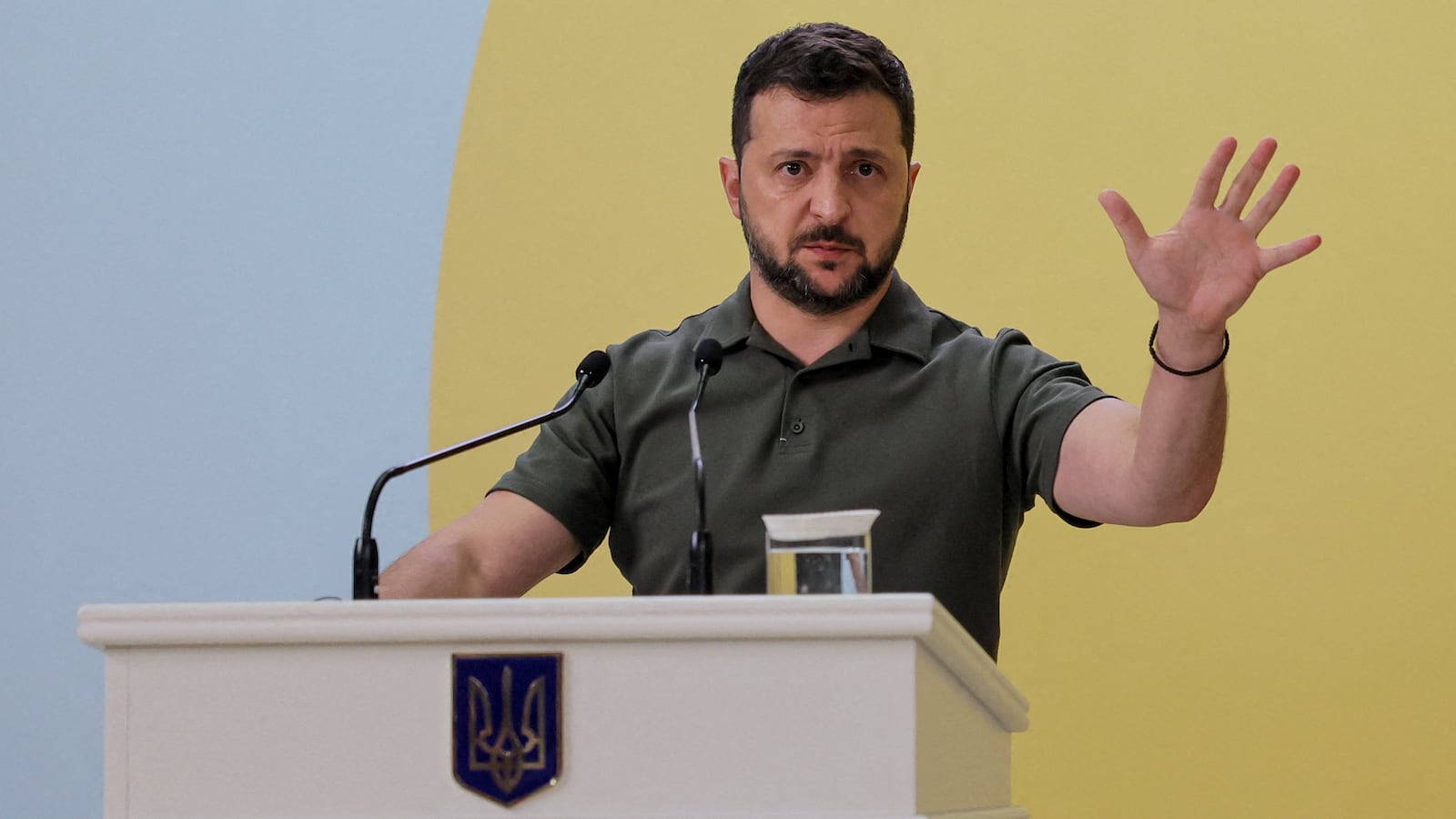 Ukrainian President Volodymyr Zelensky speaks at the press conference after the opening session of Crimea Platform conference in Kyiv, Ukraine, 23 August 2023.