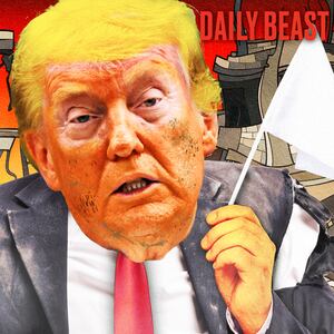 A photo illustration of Donald Trump waving a white flag in front of a rubble pile.