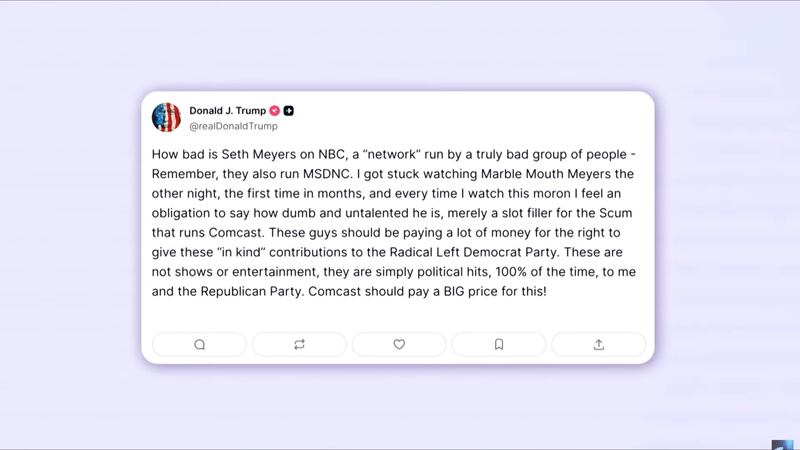 Late Night with Seth Meyers, screenshot of January Truth Social post from Trump.
