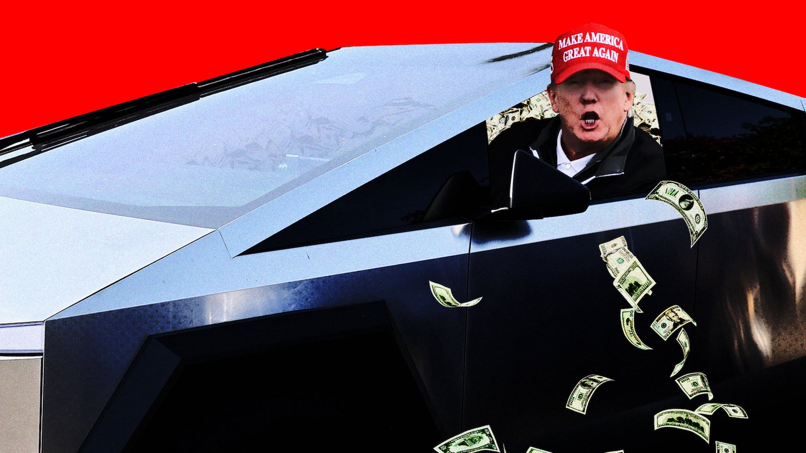Donald Trump driving in a Tesla Cybertruck full of cash.