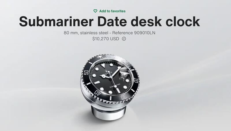 A screenshot of the submariner date desk clock page from Rolex.