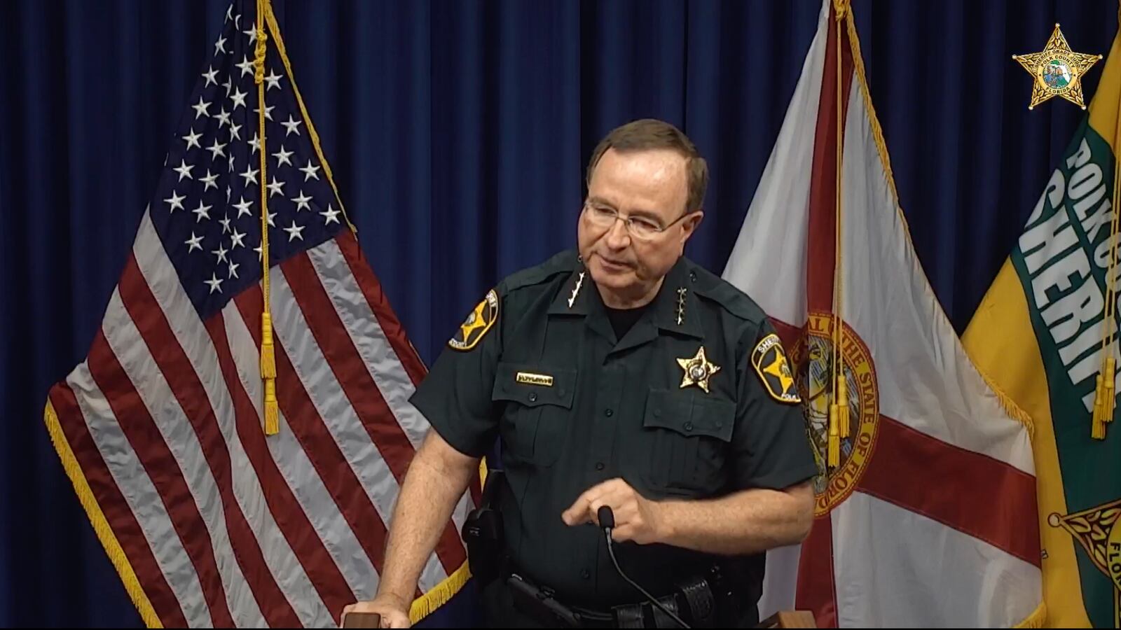 Polk County Sheriff Grady Judd at a press conference announcing manslaughter charges for Joel and Jazmine Rondon over the hot-car death of their toddler in Florida.