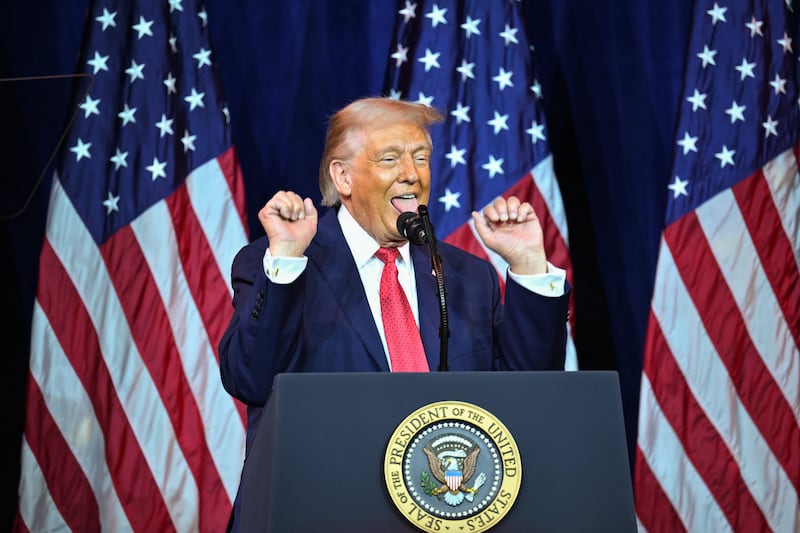 US President Donald Trump reacts as he speaks during the House Republican Party (GOP) member retreat at the Kennedy Center in Washington, DC, on January 6, 2026.