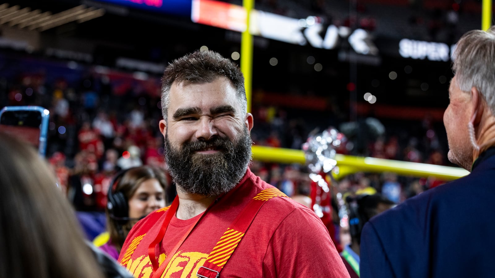 Jason Kelce winks after the Kansas City Chiefs won Super Bowl LVIII against the San Francisco 49ers at Allegiant Stadium on Sunday, February 11, 2024 in Las Vegas,