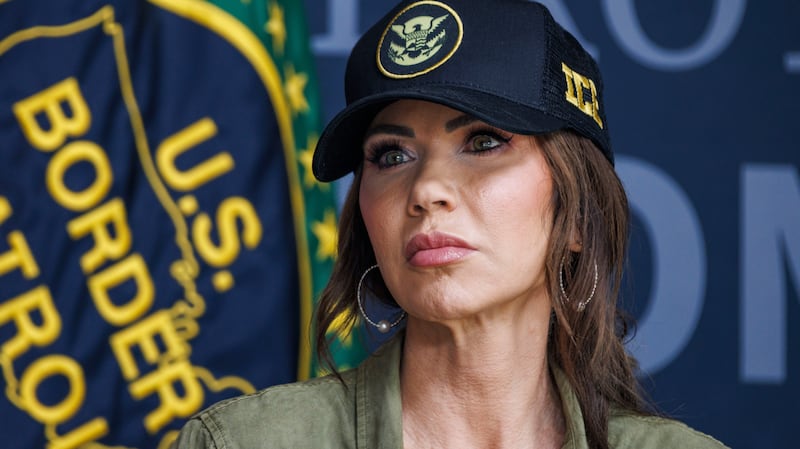 Secretary of Homeland Security Kristi Noem at a roundtable discussion with local ranchers and employees from U.S. Customs and Border Protection on January 7, 2026 in Brownsville, Texas.